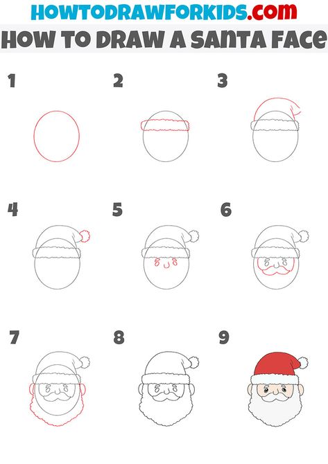 How To Draw A Santa Face, Santa Claus Drawing Easy Step By Step, Santa Faces To Paint Simple, How To Draw Santa Claus Step By Step, Santa Face Drawing, Simple Santa Drawing, How To Draw Christmas, Easy Santa Drawing, Santa Claus Drawing Easy