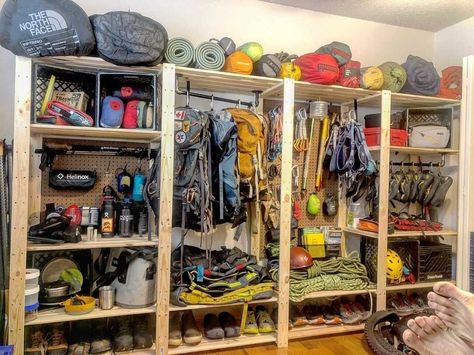 The longer we look the more details and gear we see. @markschatz_bzn put in some serious thought and work to this most comprehensive gear… | Instagram Gear Storage Wall, Gear Room Organization Small Spaces, Outdoor Gear Storage Ideas, Gear Storage Room, Gear Room Organization, Gear Room Ideas, Outdoor Gear Organization, Outdoor Gear Storage, Gear Garage