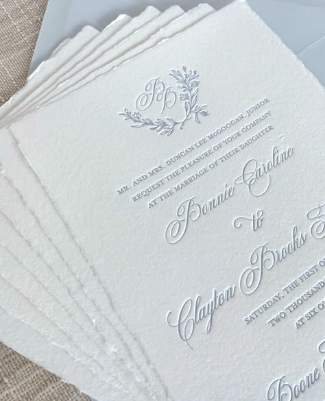 Invitations give guests a glimpse at the vision for the wedding! Soft tones and traditional letterpress will surely impress! ⁠ .⁠ .⁠ .⁠ .⁠ .⁠ .⁠ #weddingstationery #customstationery  #studiordesign #charlestonwedding #weddingpaper #stationery #weddinginvitations #custompaper #invitations #graphicdesigners #southernwedding #beachwedding #weddingideas #southerncharm #dreamwedding #brides #personalizedstationery #handmadepaper #decklededge #weddingcrest #weddinginvitation  #letterpress Modern Traditional Wedding Invitations, Traditional Wedding Stationary, Blue Letterpress Wedding Invitations, Wedding Invitations Old Money, Regal Wedding Invitations, Wedding Invitations Letterpress, Letterpress Invitations Wedding, Letter Press Invitations, Letter Press Wedding Invitations