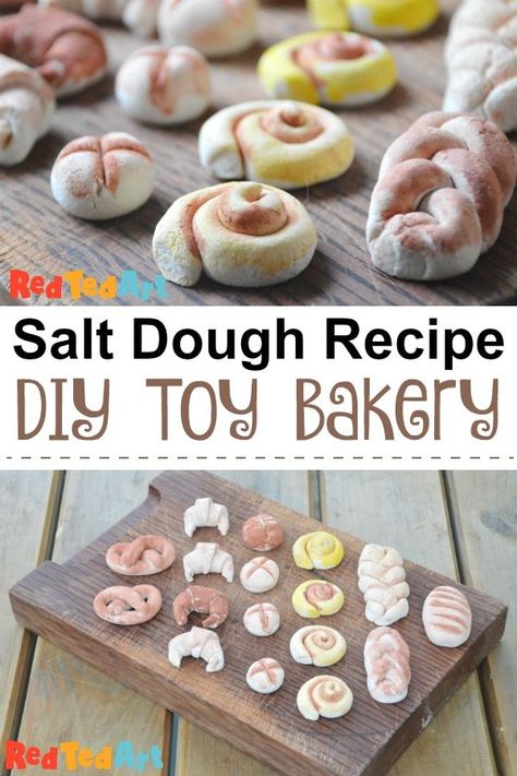 Red Ted Art's BEST EVER Salt Dough Recipe. We love making salt dough! There are so many great kids' projects for salt dough.. including this step by step guide to making your own Salt Dough Toy Bakery. So fun! Salt Dough Ideas, Salt Dough Projects, Salt Dough Recipe, Bakery Crafts, Dough Ideas, Salt Dough Crafts, Bread Dough Recipe, Indian Snack Recipes, Salt Dough