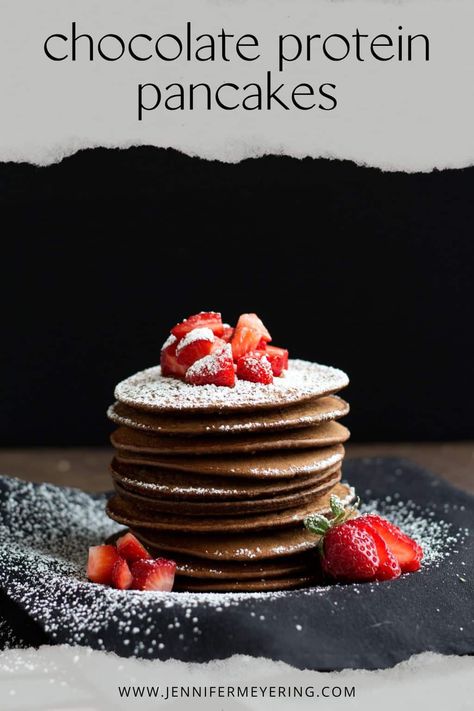 Chocolate Protein Pancakes - Jennifer Meyering Vital Collagen Peptides, Chocolate Protein Pancakes, Old Fashioned Oats, Delicious Pancakes, Chocolate Pancakes, Protein Powder Recipes, Tasty Pancakes, Sugar Free Syrup, Healthy Meals To Cook