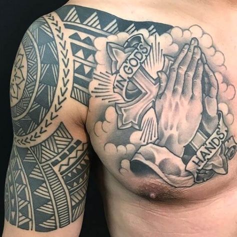 Mens Religous Tattoo Ideas Chest, Scripture Chest Tattoo, Praying Hands Chest Tattoo, Praise God Tattoo, Jesus Chest Tattoo Men, Christian Tattoos For Men Chest, Half Chest Tattoo Men Ideas Black Man, Christian Chest Tattoo Men, One Side Chest Tattoo Men