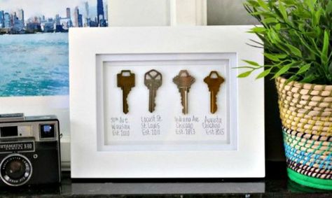 DIY Home Key Art - Memorabilia display of all the places you've lived. Find the tutorial for this DIY craft project plus 10 more crafts that you can make for your home using old keys! These are so neat! Old Key Crafts, Sentimental Clutter, Sentimental Art, Key Crafts, Key Ideas, Old Baskets, Diy Playbook, Old Keys, Old Key