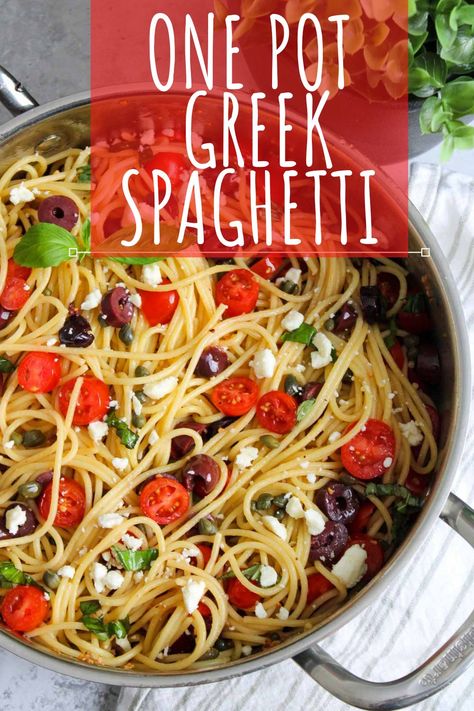 Quick Greek Spaghetti is a flavorful dish ready in less than 30 minutes and uses one pot, a pasta recipe the whole family will love. One Pot Greek Spaghetti Busy Day Dinners, Greek One Pot Meals, Meteranian Pasta Recipes, Mediterranean Spaghetti Recipes, Feta Spaghetti Pasta, Meditterean Pasta, Greek Pasta Recipes Dinners, One Pot Greek Spaghetti, Greek Pasta Recipes