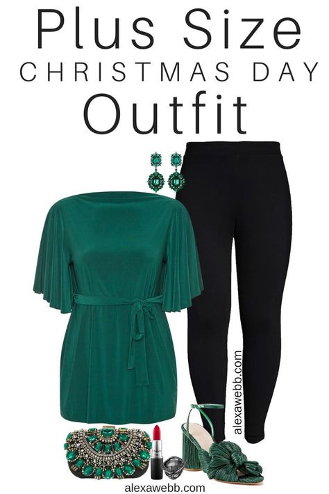 Plus Size Christmas Outfit Idea with green tunic, black leggings, green bow heels, and statement earrings - Alexa Webb #plussize #alexawebb Black And Green Christmas Outfit, Plus Size Tunic And Leggings Fall, Green Top Christmas Outfit, Plus Size Xmas Outfit, Plus Size December Outfits, Plus Sized Christmas Outfits, Holiday Work Party Outfit Plus Size, Plus Size Christmas Outfit Photos, Company Holiday Party Outfit Plus Size