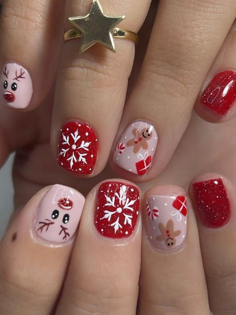 short Christmas nails: reindeer, snowflake, and gingerbread man Father Christmas Nails, Nails For Kids Cute Short Christmas, Christmas Nails For Kids Girls Easy, Small Nails Christmas, Cute Small Christmas Nails, Shorts Christmas Nails, Luminary Christmas Nails, Christmas Nails Shellac Short, Christmas Nail Decals