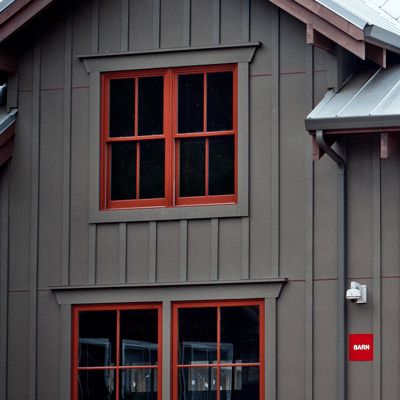 Hardie Board Exterior Ideas, Board And Batten With Horizontal Siding, Red Windows Exterior, Red Trim House Exterior, T 111 Siding Exterior, T111 Siding Exterior, Reverse Board And Batten Siding, Exterior Wood Siding Ideas, Wood Siding Ideas