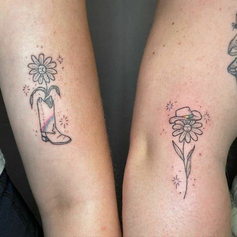 Small Best Friend Tattoos Country, Texas Matching Tattoos, Plant Best Friend Tattoo, Sister Tattoos Country, Cowboy Boot Matching Tattoos, Best Friend Cowboy Boot Tattoo, Matching Horse Tattoos For Best Friends, Country Bestie Tattoos, Pretty Sister Tattoos