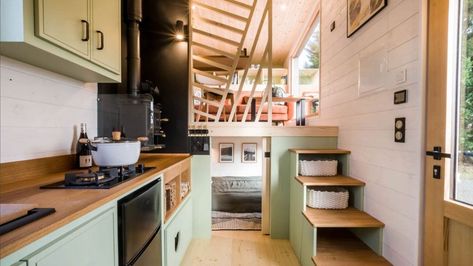 Minimalist Tiny House, Contemporary Tiny House, House Flips, Living Room Upstairs, Maximizing Small Spaces, Tiny House Company, Cedar Cladding, Maximize Small Space, Contemporary Exterior