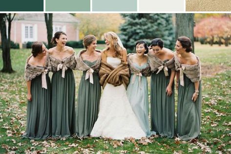 {inspiration board} Sage, Ivory & Gold For Autumn & Winter Weddings Wedding Bridesmaid Bouquets, Winter Wedding Bridesmaids, Women Standing, Winter Bridesmaids, Winter Bridesmaid Dresses, Bridesmaid Shawl, Sage Green Bridesmaid Dress, Bridesmaid Colors, Green Bridesmaid