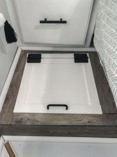 Rv Dashboard Remodel, Diy Motorhome, Camper Diy, Laundry Chute, Rv Interior Remodel, Hidden Laundry, Old Sink, Diy Rv, Diy Nightstand