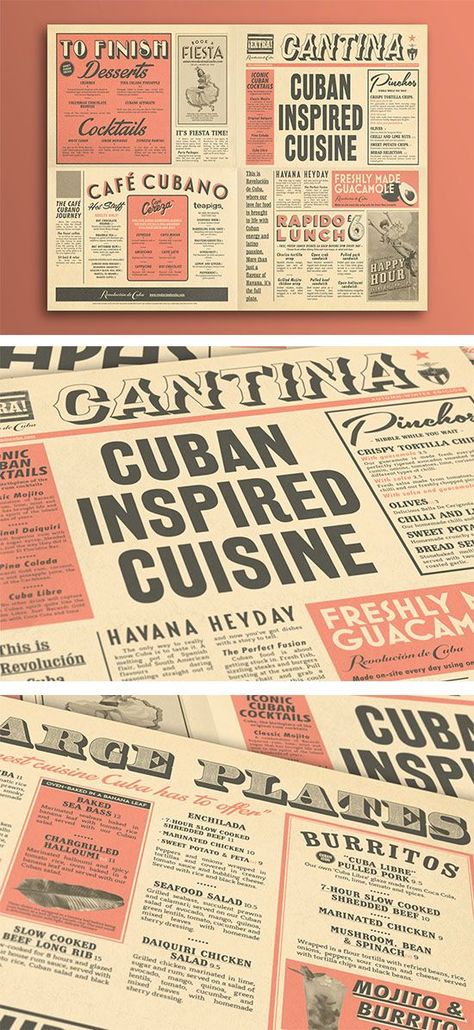 Cuban Cantina Newspaper Style Food Menu Design. Graphic Design, Typography, Illustration  by www.diagramdesign... Menu Design Inspiration, Menu Layout, Menu Inspiration, Food Menu Design, Typography Illustration, Flyer Design Inspiration, Newspaper Design, Restaurant Menu Design, Design Brochure