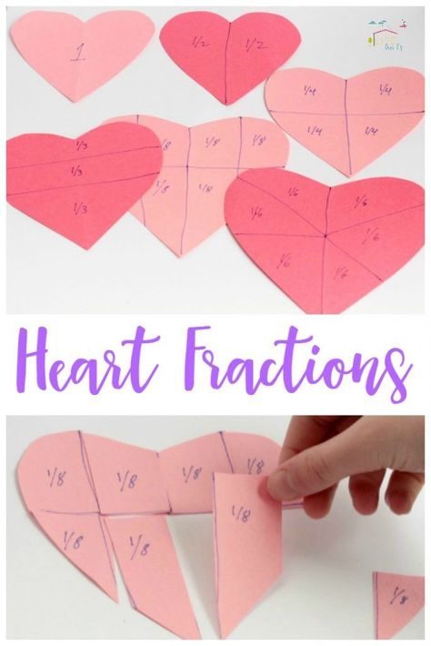 Heart Fractions: Valentine’s Day Math Valentine Literacy Activities, Valentine Math Activities, 3rd Grade Fractions, 5th Grade Activities, Math Valentines, School Age Activities, Fraction Activities, Math Graphic Organizers, Math Centers Middle School