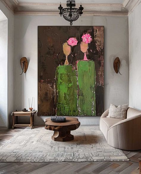 Dark Brown Large Flower Figure Painting Original Green Silhouettes Wall Art Abstract Artwork Home Decor People Paintings, Abstract People, Large Canvas Painting, Silhouette Wall Art, Figurative Artwork, Color Abstract, Linen Canvas, Large Abstract, Large Art