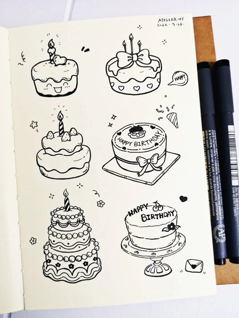 Food Drawings Sketches, Cake Doodle Drawing, Cake Sketch Drawings, Cake Illustration Art, Birthday Art Drawings, Cake Drawing Aesthetic, Food Drawing Sketches, Cake Doodle, Birthday Cake Drawing