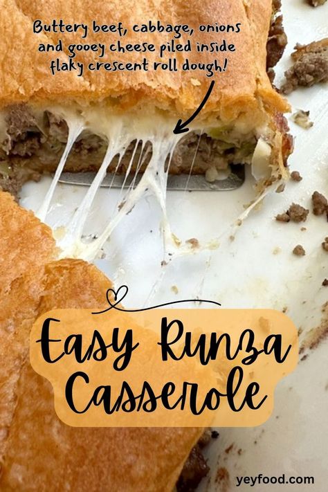 Here's a fast and easy way to satisfy your craving for a runza! The filling is loaded with buttery ground beef, cabbage, and onions! Use refrigerated crescent rolls for the base and top crusts.#runza #crescentrolls #casserole #GBsKitchenRecipes #GBsKitchenSpot Easy Runza Casserole, Runza Recipe Nebraska, Easy Runza Recipe, Kraut Burgers, Beef And Cabbage Casserole, Runzas Recipe, Nebraska Recipes, Runza Recipe, Cabbage Bake