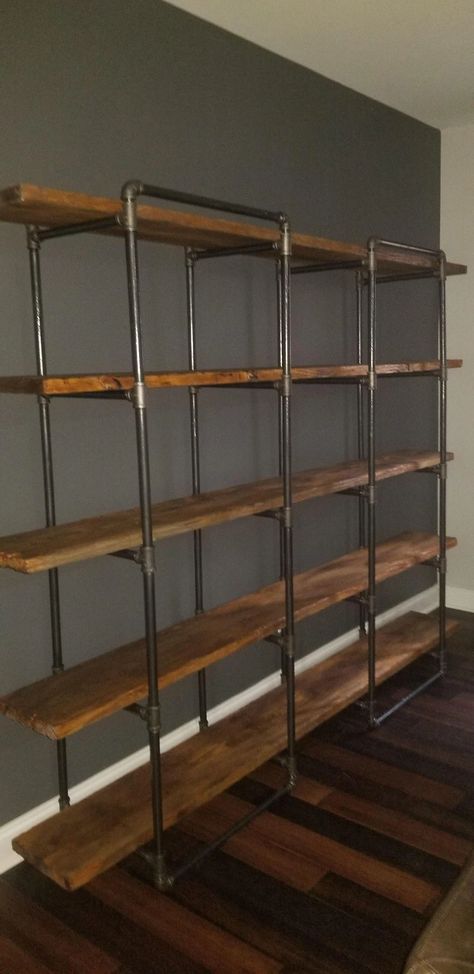 Build Industrial Bookshelf, Diy Industrial Shelves Bookcases, Diy Industrial Bookcase, Industrial Book Shelf Ideas, Industrial Shelves Diy, Industrial Built In Shelves, Industrial Display Shelves, Industrial Shelving Ideas, Industrial Style Shelving