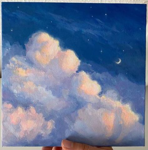 Night Sky With Clouds Painting, Moon Painting Acrylic Night Skies, Sky Watercolor, Painting Sky, Dream Painting, Small Canvas Paintings, Oil Pastel Drawings, Moon Painting, Cloud Drawing