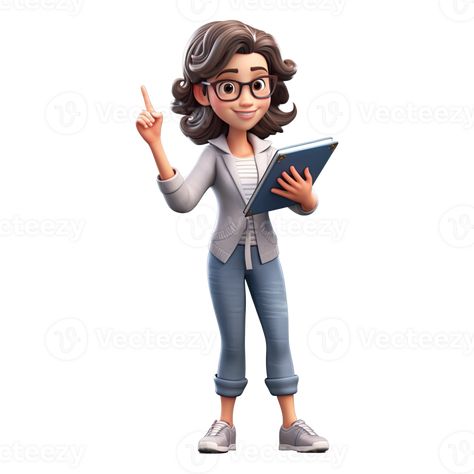 3D Cute cartoon female teacher character on transparent background. Generative AI Female Teacher Character Design, Teacher Cartoon Character Animation, Teacher Character Design, Teacher Cartoon Character, Cartoon Character Animation, Teacher Character, Verbs For Kids, Teacher Logo, Teachers Illustration