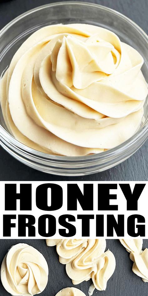 Quick and easy HONEY FROSTING recipe, homemade with simple ingredients. This cream cheese buttercream frosting has no powdered sugar. It's perfect for spreading and piping swirls on cakes and cupcakes. It has a tangy flavor with hints of vanilla and cinnamon spice. From CakeWhiz. Cream Cheese Frosting With Honey, Honey Butter Cream Frosting, Cream Cheese Honey Frosting, Apple Buttercream Frosting, Icing Flavor Ideas, Honey Frosting Recipe, Simple Cake Icing Recipe, Diy Cake Frosting Easy, Not Sweet Frosting