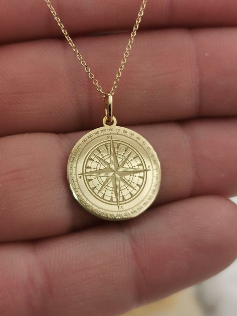 065 Inch 165mm Compass Necklace 14K Solid Gold Compass - Etsy The Second Option, Compass Jewelry, Custom Pendant, Second Option, Compass Pendant, Compass Necklace, Solid Gold Necklace, Book Jewelry, Piercings Jewelry