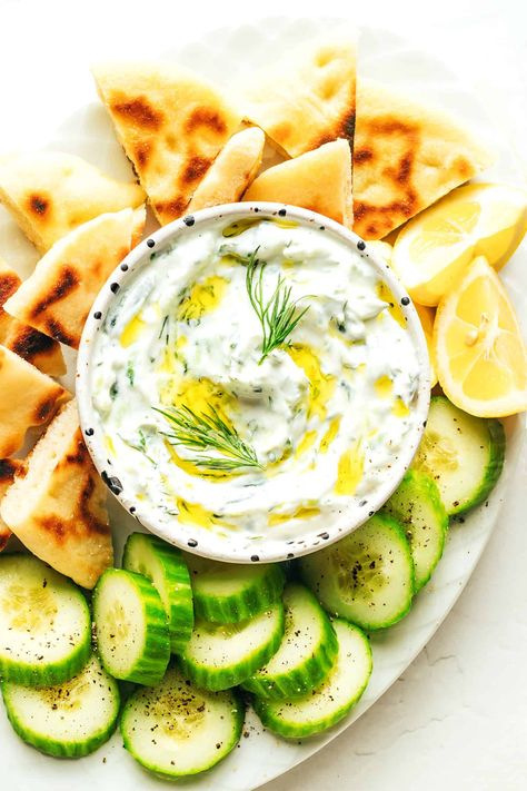 Tzatziki Recipe | Gimme Some Oven Taziki Sauce, Greek Tzatziki Recipe, Greek Tzatziki, Tzatziki Recipe, Mediterranean Recipes Healthy, Going Dark, Homemade Tzatziki Sauce, Tzatziki Recipes, Mediterranean Meals