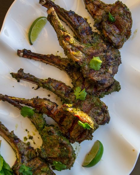 Hariyali (Herb & Spice Marinated) Lamb Chops | A recipe for Indian-style lamb chops: marinated with fresh herbs & spices, perfect for grilling or oven roasting. Indian Lamb Chops Recipes, Marinated Lamb Chops, Roasted Lamb Chops, Marinated Lamb, Lamb Chop Recipes, Lamb Chop, Loin Chops, Flat Iron Steak, Herbs Spices