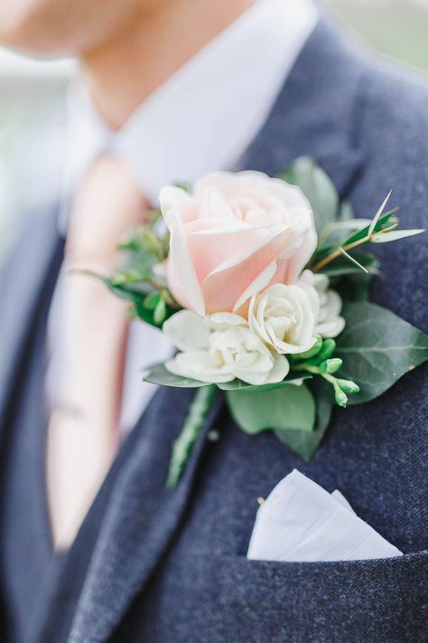 Groom in a grey suit with pink tie and pale pink rose buttonhole flower | Whtie Stag Wedding Photography Peach White Wedding, Spray Roses Boutonniere, Green Boutonniere, Dance Flowers, Rose Buttonhole, Pink Boutonniere, Prom Corsage And Boutonniere, Groom Buttonholes, Centerpieces Floral