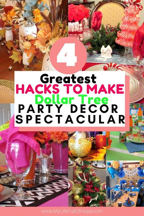 Sharing 4 of my effortless ways to make your dollar store decorations for parties, birthdays, events, or holiday decor look spectacular on a budget. With these tips, you will be able to decorate a show stopping table, room, hall or any space with a high end look for all of your entertaining needs. Tips and hacks your Dollar Tree party finds will be used in a variety of ways, saving you money time and time again. #budget #partydecorideas #dollarstore #dollartree #hacks #entertaining #party Dollar Tree Buffet Table, Dollar Store Brunch Decor, Decorate A Table For A Party, Dollar Store Party Hacks, Dollar Tree Party Centerpieces, Decorate Restaurant Table For Birthday, Table Decorations For Party Birthday Easy Diy Centerpieces, Dollar Tree Party Decor, Diy Table Decorations For Party