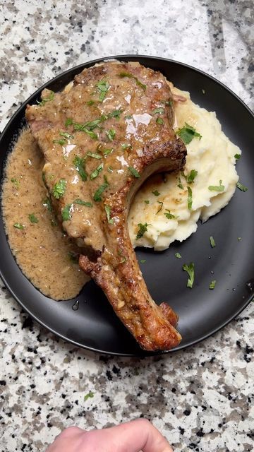 Breanna Stark on Instagram: "Smothered Pork Tomahawk for Valentine’s Day ❤️ All jokes aside, food & especially cooking for others is definitely my love language. This smothered pork tomahawk is a delicious dinner that’s perfect for Valentine’s Day or any day of the year! 1. Season your tomahawk (or pork chops) with salt and pepper, then dredge it in a little flour. 2. Melt 1 tbsp of butter and a drizzle of olive oil in a pan, then sear your tomahawk for about 5 minutes per side. Then set i Pork Tomahawk Recipes, Tomahawk Pork Chop Recipe Oven, Tomahawk Pork Chop Recipe, Tomahawk Pork Chop, Pork Tomahawk, Stainless Steel Skillet, Smothered Pork, All Jokes, My Love Language