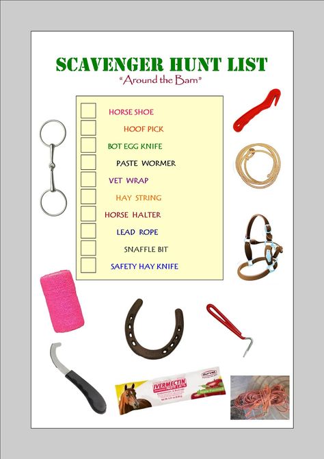 My own personal favorite scavenger hunt list for things around the barn! Great teaching tool and fun too! Pony Camp Ideas, Pony Club Activities, Horse Summer Camp Ideas, Pony Camp Activities, Horse Games For Kids, Horse Camp Games, Horse Camp Ideas, Horse Camp Crafts, Equine Therapy Activities