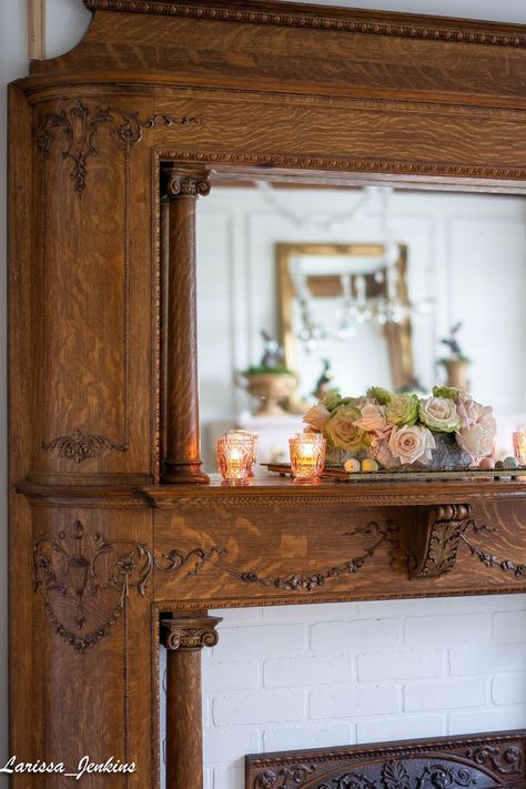 Fireplace Makeover Fireplace Antique Mantle, Victorian Fireplace Makeover, Unique Fireplace Surround, Mantel On Wall No Fireplace, Brick Fireplace With Antique Mantel, 19th Century Fireplace, Antique Wood Mantle Fireplace, 1900 Kitchen Design, Double Mantle Fireplace