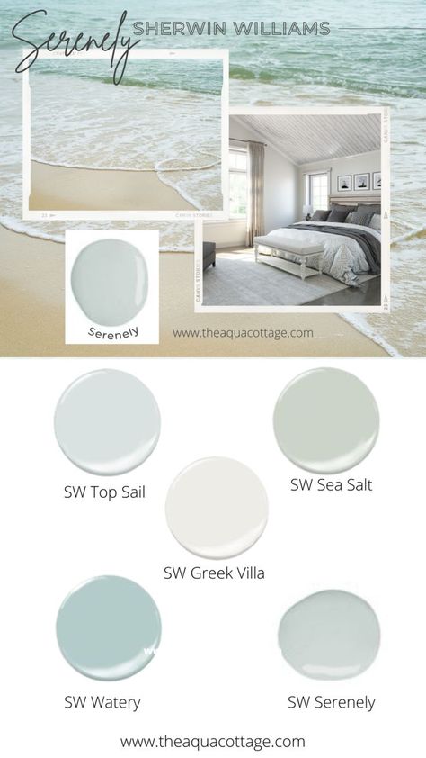 Interior Coastal Paint Colors, Coastal Grandmother Paint Colors, Florida Home Interior Paint Colors, Coastal Bedroom Paint, Beach House Living Room Paint Colors, Sw Serenely Paint Color, Seaside Paint Colors, Interior Beach House Colors, Coastal Pleasure Paint