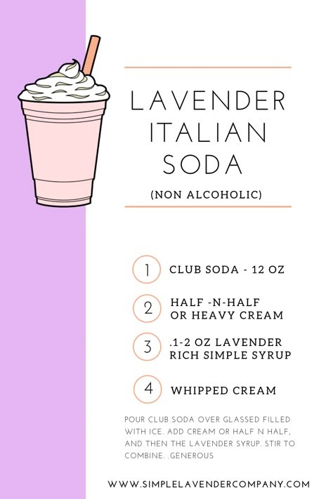 Lavender Frappe Recipe, Lavender Italian Soda, Lavender Syrup Drink Recipes, Mixed Soda Recipes, Lavender Drinks Non Alcoholic, Italian Soda Recipes, Lavender Soda, Italian Soda Recipe, French Soda