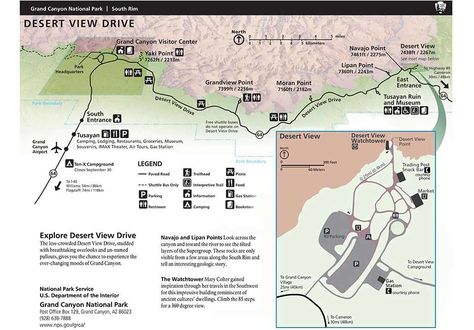 Map of Desert View Drive on the S.Rim of Grand Canyon National Park. an overview is shown at the top, showing the entire length of the drive. On the right, an insert of the Desert View area. Grand Canyon Las Vegas, May West, Grand Canyon Map, Utah Mighty 5, Grand Canyon Trip, Grand Canyon South Rim, Trip To Grand Canyon, Travel Arizona, Arizona Vacation