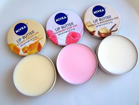 Nivea Lip Butters ♡ Nivea Lip Butter, Koleksi Makeup, Mascara Hacks, Alat Makeup, Lip Balm Collection, Caramel Creams, Lip Gloss Collection, Makeup Tricks, Pretty Skin Care