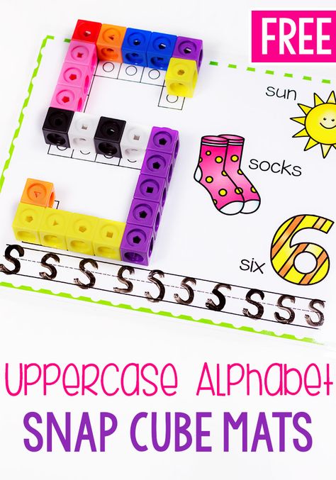 These uppercase alphabet snap cube mats are the perfect free printable letter activity for kindergarten. Practice writing letters, work on beginning sounds and form each letter with the snap cubes! #alphabetactivity #kindergartenprintable Free Unifix Cube Printables, Letter T Hands On Activities, Snap Cube Letters Free, Mathlink Cubes Printables, Snap Cube, Letter Activity, Alphabet Centers, Snap Cubes, Alphabet Activity