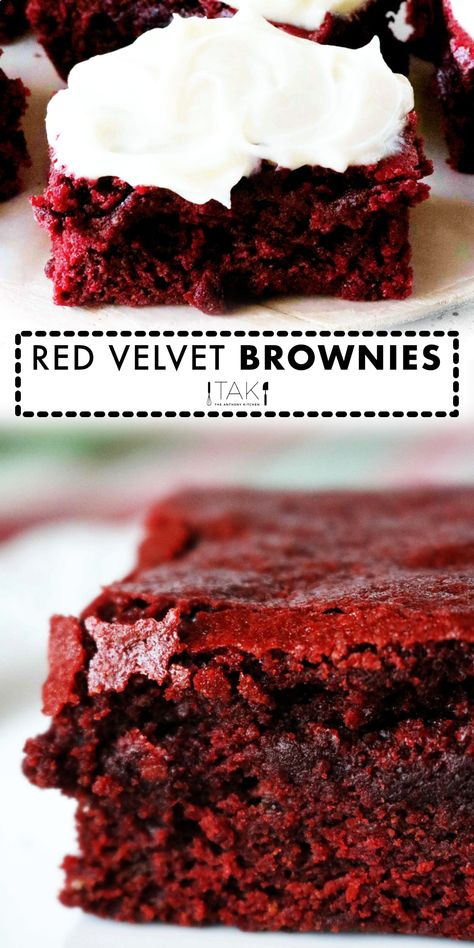 Red Velvet Bars are the perfect holiday brownie and make wonderful homemade Christmas gifts! Red Velvet Brownies with a topping of fluffy Cream Cheese Frosting say Merry Christmas like no other Christmas dessert can! Homade Desserts Recipes Easy, Brownies Made With Cocoa Powder, Brownies With Cream Cheese Frosting, Red Velvet Bars, Red Velvet Brownies Recipe, Brownies With Cream Cheese, Summer Baking Recipes, Velvet Recipes, Fluffy Cream Cheese Frosting