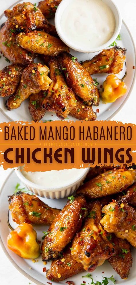 Mango Habanero Chicken Wings, Mango Habanero Chicken, Baked Mango, Habanero Chicken, Gameday Pin, Gameday Party, Party Finger Food, Chicken Wing Recipes Baked, Sweet And Spicy Chicken