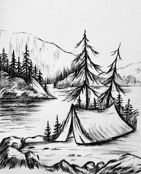 Easy Sketches Landscapes, Draw Landscape Pencil, Sketching Nature Landscapes, Sketches Nature Landscapes, Outdoor Scene Drawing, Mountains And Trees Drawing, Drawing Ideas Landscape Pencil Easy, Natur Drawing Ideas, Simple Landscape Drawing Sketch