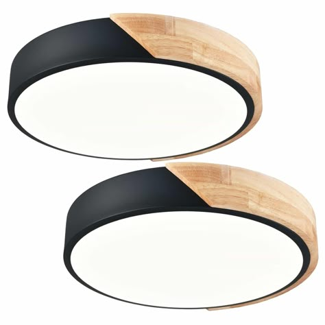 Made of metal, wood and acrylic, dressed in black finish, the solid wood surface is smooth, the acrylic shade allows light to shine with good transmission, simple but elegant design.. The built-in LED chip of flush mount ceiling light is no flicker and high quality, and its color temperature is 4000K - warm white light, 20W, CRI 80+, not dimmable.. With splicing two colors and minimalist design, the round flush mount ceiling light can be used in bedroom, living room, hallway, office, stairwell, kitchen, dining room and more.. Claxy 1.97-in Black and Wood Geometric Metal Ceiling Light Mount | TY-T7268CU-BK-2 Light Fixtures Office Ceilings, Kitchen Low Ceiling Lighting, Closet Light Fixture Ideas, Wood Flush Mount Light, Bathroom Black Ceiling, Flush Mount Dining Room Light, Flush Mount Lighting Kitchen, Cabin Lighting Ideas, Farmette Ideas