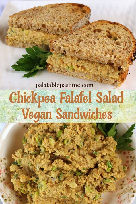 Chickpea Falafel Salad mashes cooked garbanzos and adds crispy falafel flavors to make a surprisingly delicious vegan sandwich  filling. via @suelau1 Vegan Sandwich Filling, Chickpea Falafel, Cooking Garbanzo Beans, Falafel Salad, Falafel Sandwich, Delicious Chicken Salad, Vegan Sandwiches, Meat Meals, Fresh Eats