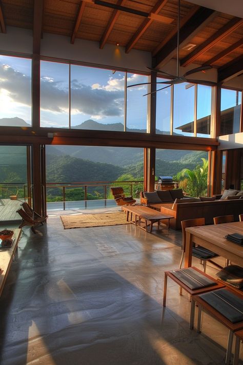 Dreamy Houses Dream Homes, Mountain Modern Home Interiors Kitchen, Mountain Home Living Room, Mountain Homes Interiors, Modern Mountain Home Exterior, Mediterranean Style Interior, Modern Mountain Cabin, Mountain Modern Home, Panoramic Windows