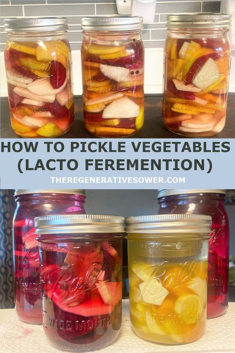 Learn how to pickle any type of vegetable! This quick and easy lacto fermentation method has several gut health benefits and can be stored in your refrigerator for months. There are recipes for fermentation that use salt or raw milk whey! #RegenerativeHomesteadingSkills #GutHealth Lacto Fermented Vegetables Recipes, Lacto Fermented Vegetables, Fermented Pickles Recipe, Ferment Vegetables, Lacto Fermented Pickles, Fermented Vegetables Recipes, Lacto Fermentation, Pickled Vegetables Recipe, Lacto Fermented