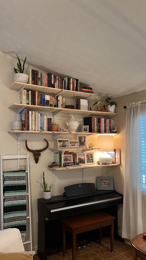 Shelves Above Piano, Adjustable Wall Shelves, Room With Shelves, Shelves On Wall, Book Shelves, Wall Anchors, Shelf Brackets, Wall Brackets, Small Apartment