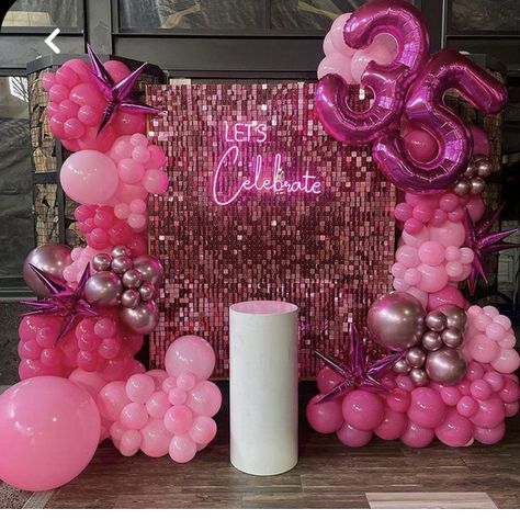 Cute Birthday Backdrops, Pink Shimmer Wall With Balloons, Hot Pink Birthday Backdrop, Magenta Birthday Decorations, Hot Pink 18th Birthday Party, Wall Decor For Birthday Party, Club Section Birthday Decorations, Pink Shimmer Wall Backdrop, Decorating For Birthday Party