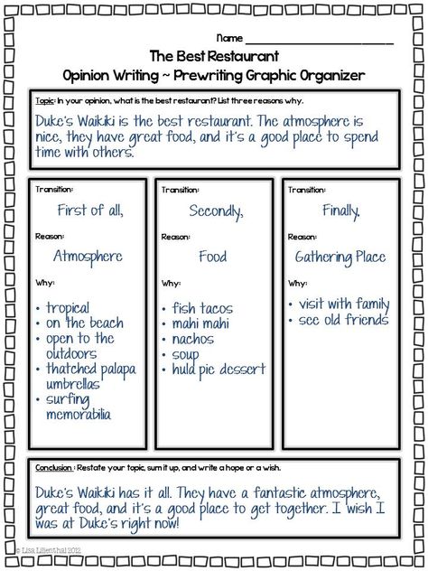 Opinion Writing - This engaging writing unit will guide students through writing a five paragraph essay. Students will state their opinion about the best restaurant and support that opinion with reasons, details, and examples. Common Core Writing 4th, 5th, 6th #opinionwriting #commoncorewriting Opinion Writing Template, Opinion Essay, Poster Presentation, 5th Grade Writing, 3rd Grade Writing, Writing Template, 2nd Grade Writing, Writing Anchor Charts, 4th Grade Writing