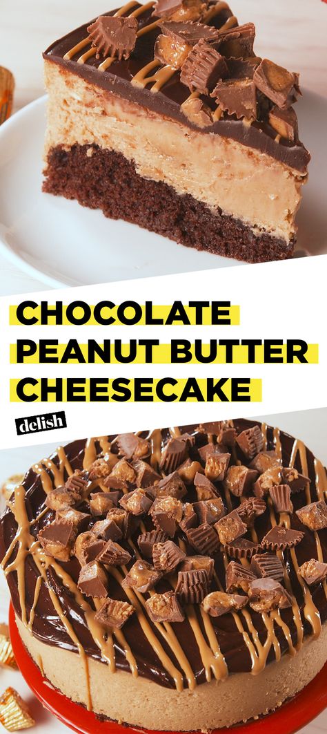 This Chocolate Peanut Butter Cheesecake is THICK as hell. Get the recipe at Delish.com. #recipe #easyrecipe #easy #cake #cheese #cheesecake #baking #dessert #chocolate #peanutbutter #dessertrecipes #creamcheese #vanilla #candy #reeses Sully Cake, Peanut Butter Cheesecake Recipes, Chocolate Peanut Butter Cheesecake, Cheesecake Chocolate, Peanut Butter Cheesecake, Köstliche Desserts, Cupcake Cake, Cake Chocolate, Chocolate Cheesecake