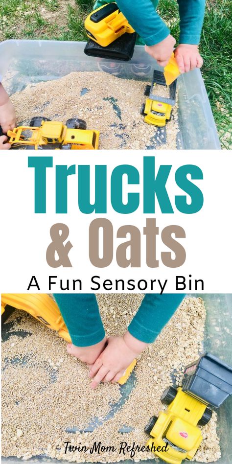 A fun and easy transportation themed sensory bin.  All you need is some oats and trucks for this easy to set up sensory play activity.  #sensorybins #tastesafesensoryplay #sensoryplay #sensorytubs #transportationtheme #babysensoryplay #sensorybin easytoddleractivities Easy Sensory Bin, Sensory Bin For Toddlers, Toddler Sensory Bins, Transportation Activities, Sensory Tub, Easy Toddler Activities, Sensory Activities Toddlers, Toddler Sensory, Toddlers And Preschoolers