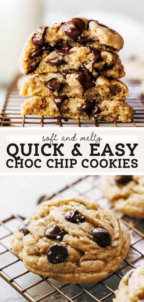 These easy chocolate chip cookies can be made in minutes! With zero chill time, just make the dough and bake. It's so quick that you have have gooey and soft chocolate chip cookies in 30 minutes! #chocolatechipcookies #cookierecipes #cookies #butternutbakery Chocolate Chip Cookie Recipe With Cornstarch, Easiest Chocolate Chip Cookies, Butternut Bakery, Eggless Chocolate Chip Cookies, Soft Chocolate Chip Cookies, Easy Chocolate Chip Cookies, Chill Time, Chewy Chocolate Chip, Chewy Chocolate Chip Cookies